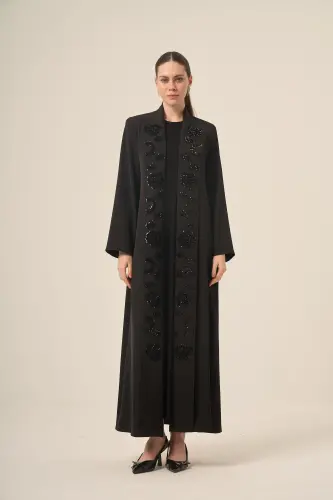 DERİN 6524-25 SİYAH PAYET ÇİÇEKLİ ABAYA - 4