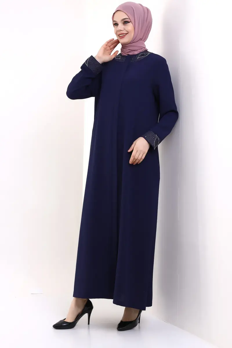 Derin Store Collar and Arm Stone Veiling Abaya 23300-23 İndigo - 6