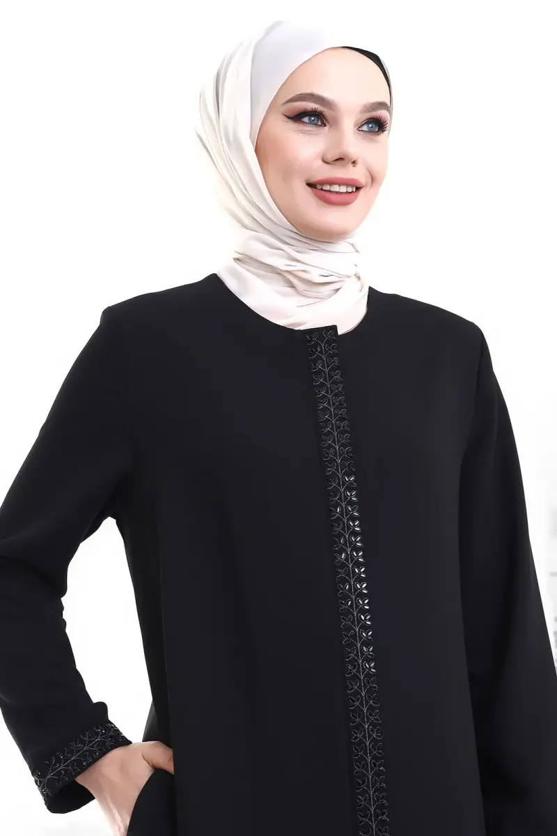 Derin Store Zipper Arm Stone Abaya 23302-23 Black - 4