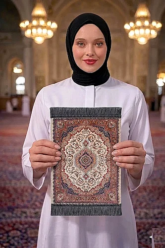 Mini Alın Seccadesi Kaymaz Taban Desenli Cep Tipi Seyahat Namaz Seccadesi - Kahverengi 