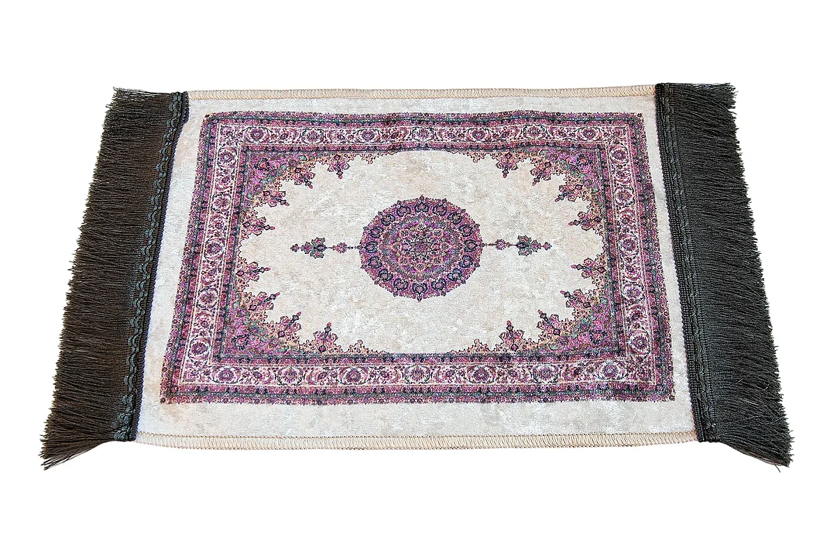 Mini Alın Seccadesi Kaymaz Taban Desenli Cep Tipi Seyahat Namaz Seccadesi - Krem - 5