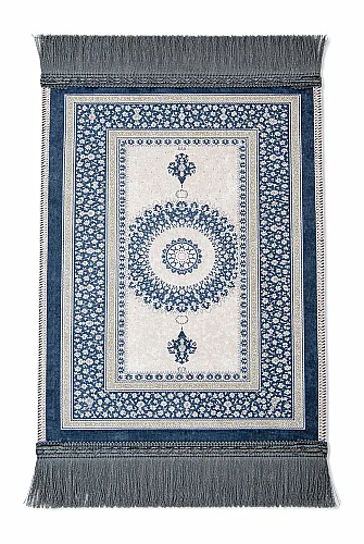 Mini Alın Seccadesi Kaymaz Taban Desenli Cep Tipi Seyahat Namaz Seccadesi - Lacivert/Krem - 4