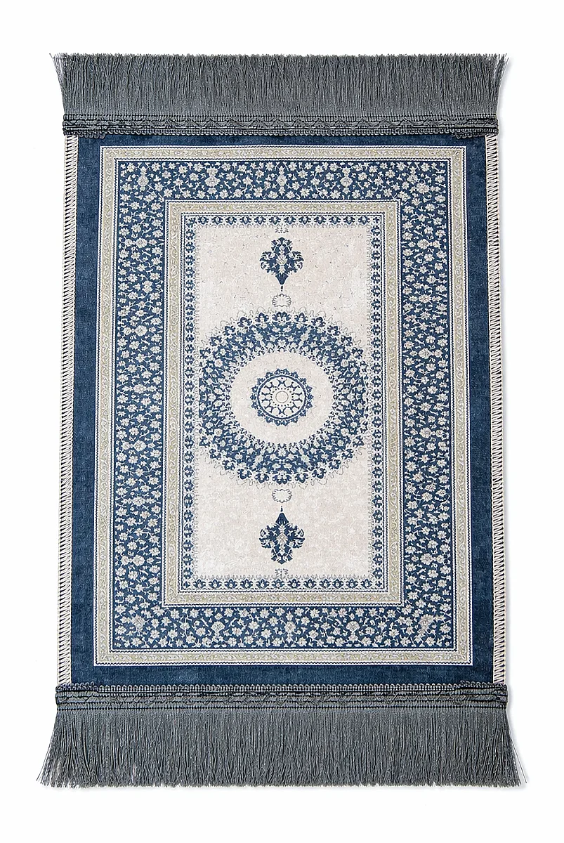 Mini Alın Seccadesi Kaymaz Taban Desenli Cep Tipi Seyahat Namaz Seccadesi - Lacivert/Krem - 4