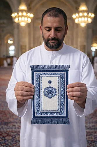 Mini Alın Seccadesi Kaymaz Taban Desenli Cep Tipi Seyahat Namaz Seccadesi - Lacivert/Krem - ihvanonline (1)