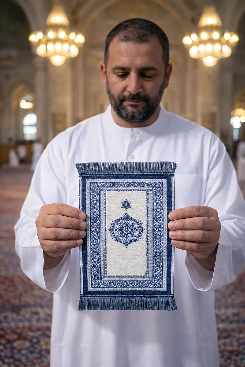 Mini Alın Seccadesi Kaymaz Taban Desenli Cep Tipi Seyahat Namaz Seccadesi - Lacivert/Krem - 2