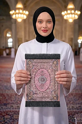 Mini Alın Seccadesi Kaymaz Taban Desenli Cep Tipi Seyahat Namaz Seccadesi - Pembe 