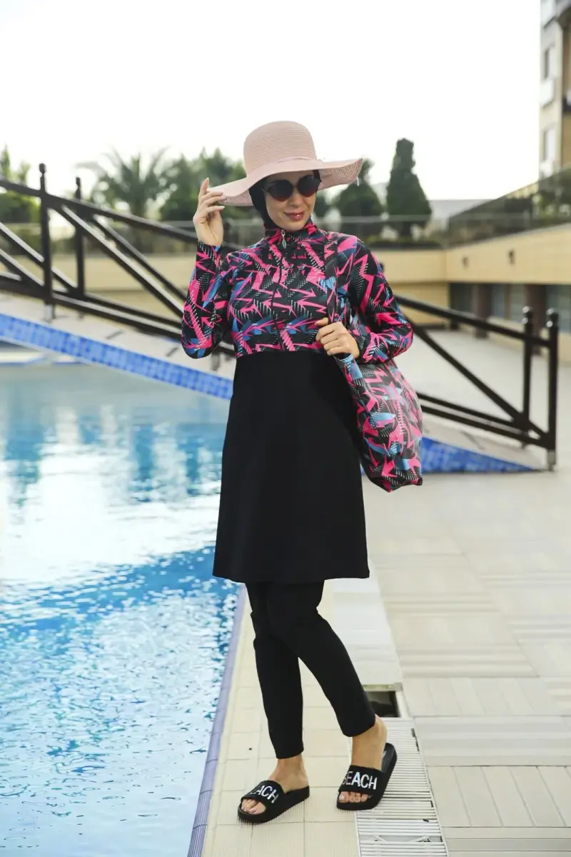 Desenli Tam Kapalı Tesettür Mayo 2158-25 Siyah - 1