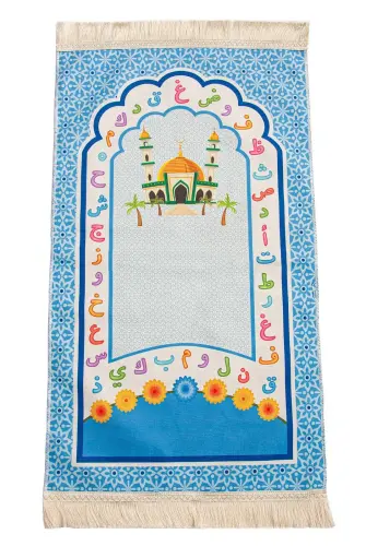 Dijital Baskılı Camili ve Arapça Alfabeli Çocuk Seccadesi Mavi - 1