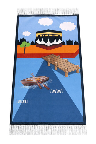 Dijital Baskılı Çocuk Seccadesi - Kayıklı Kabeli Mavi Renk - 44 X 78 cm 