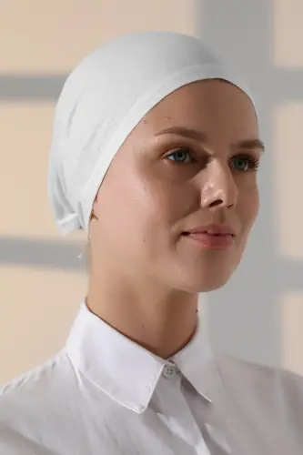 Dikişli Bağlamalı Düz Penye Tesettür Bone Beyaz - 2