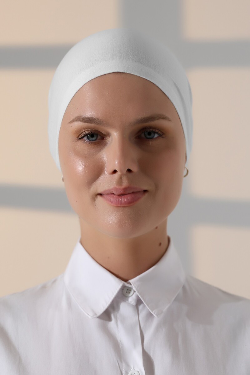 Dikişli Bağlamalı Düz Penye Tesettür Bone Beyaz - 4