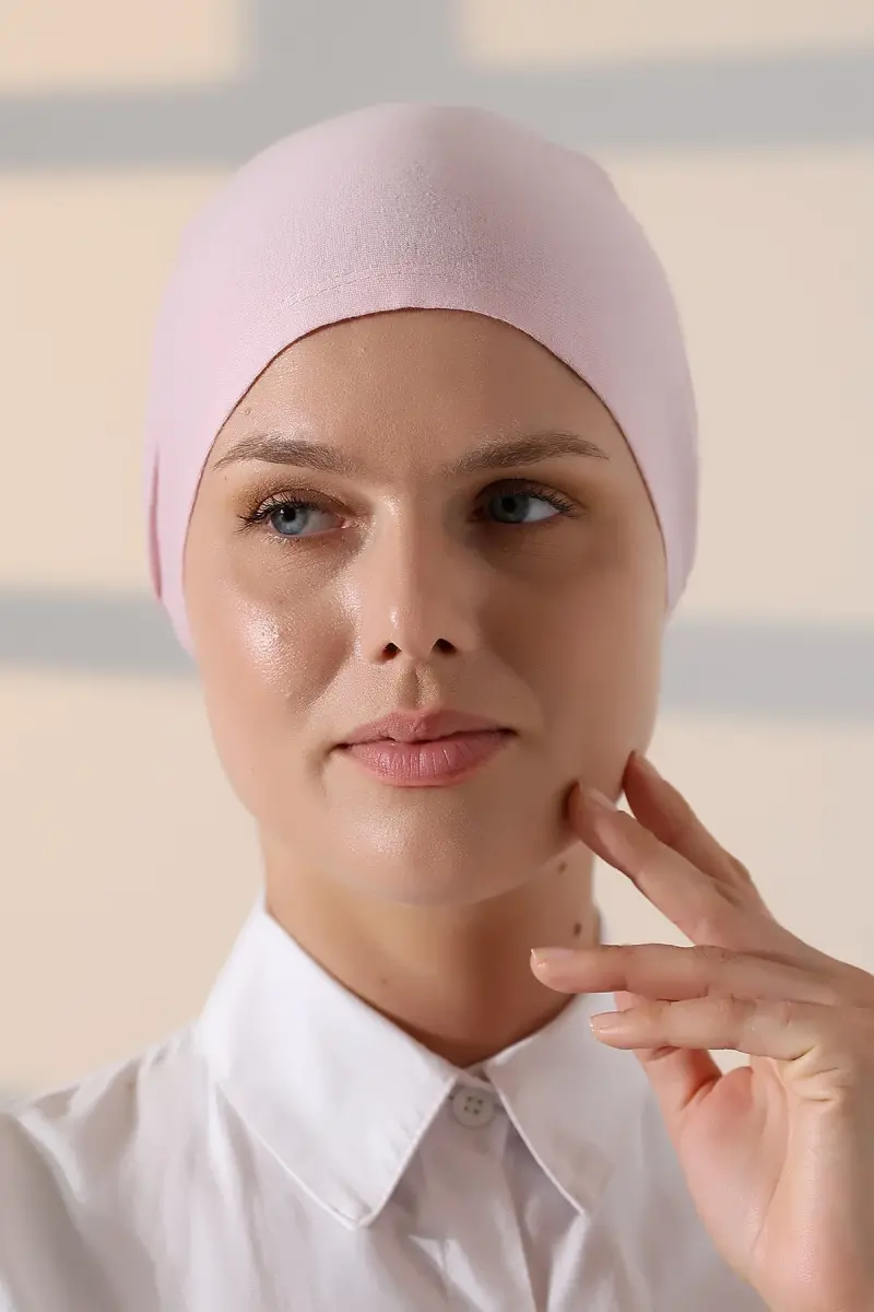 Dikişli Bağlamalı Düz Penye Tesettür Bone Pembe - 5