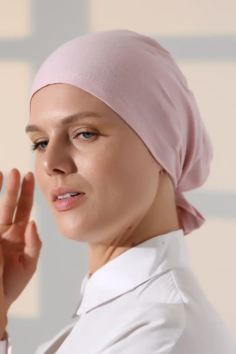 Dikişli Bağlamalı Düz Penye Tesettür Bone Pembe - 1