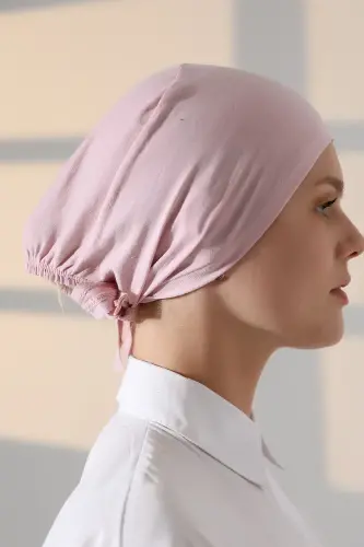 Dikişli Bağlamalı Düz Penye Tesettür Bone Pembe - 6