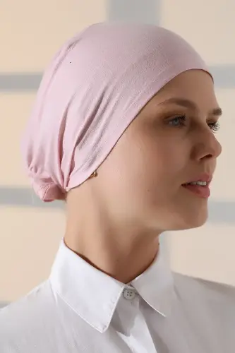 Dikişli Bağlamalı Düz Penye Tesettür Bone Pembe - 7