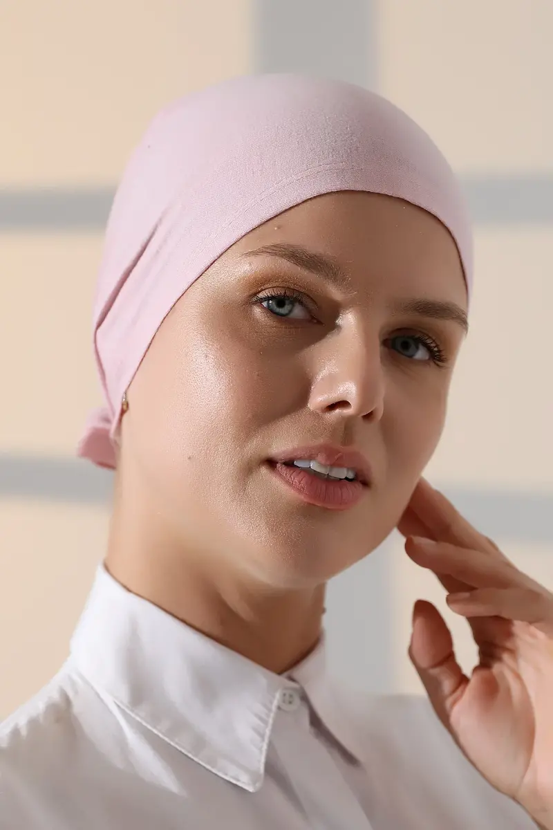 Dikişli Bağlamalı Düz Penye Tesettür Bone Pembe - 2