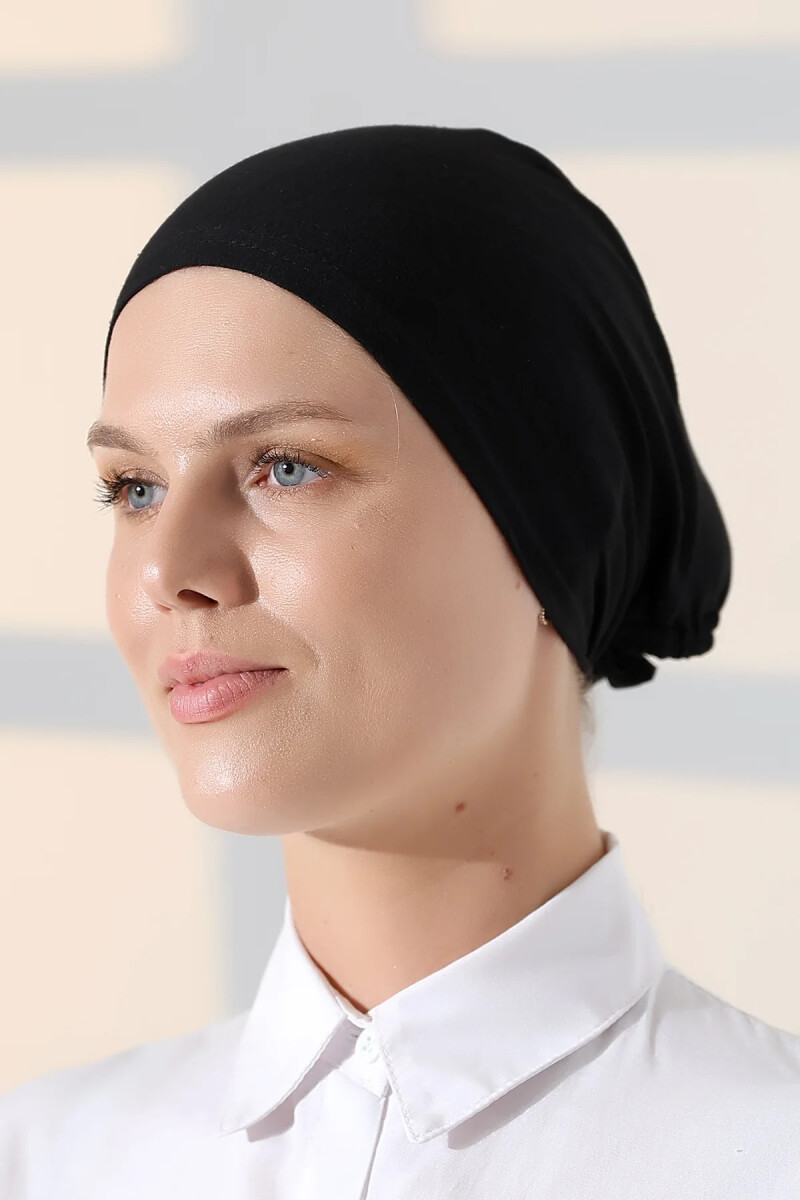 Dikişli Bağlamalı Düz Penye Tesettür Bone Siyah - ihvanonline