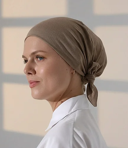 Dikişli Düz Penye Bağlamalı Tesettür Bone Açık Kahve 