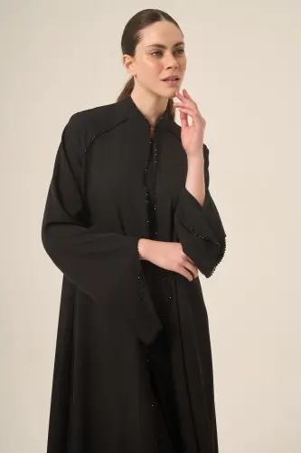 Dizili Kristal Taş Detaylı Hakim Yaka İki Parça Abaya 6509-25 Siyah - 2