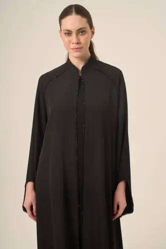 Dizili Kristal Taş Detaylı Hakim Yaka İki Parça Abaya 6509-25 Siyah - 3