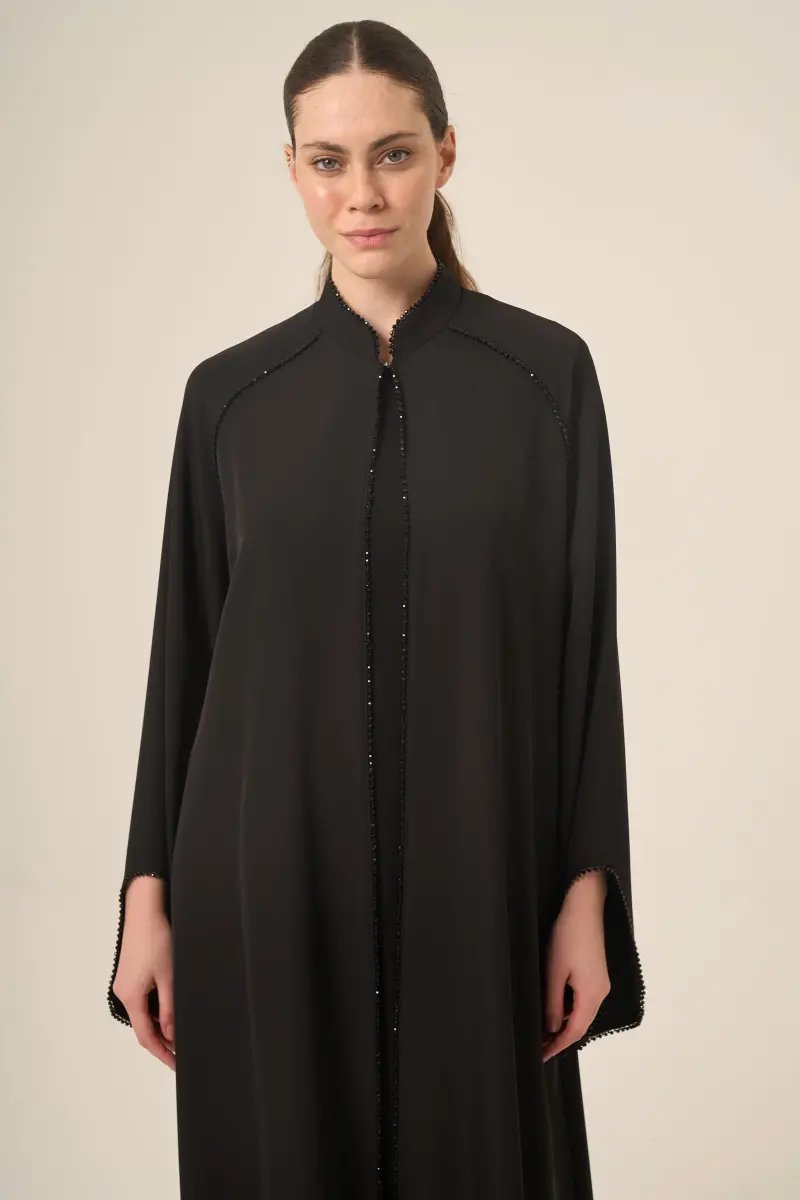 Dizili Kristal Taş Detaylı Hakim Yaka İki Parça Abaya 6509-25 Siyah - 3