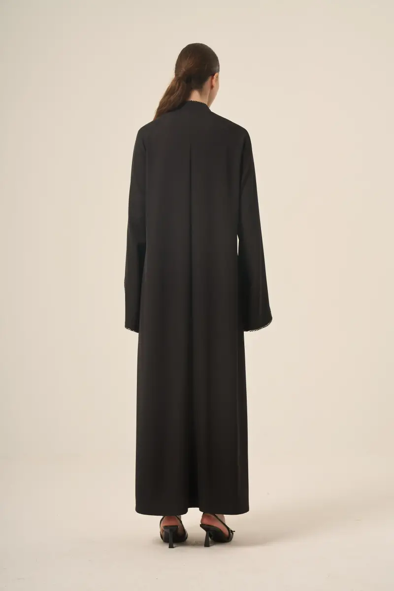 Dizili Kristal Taş Detaylı Hakim Yaka İki Parça Abaya 6509-25 Siyah - 4
