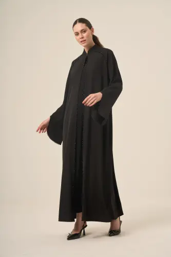 Dizili Kristal Taş Detaylı Hakim Yaka İki Parça Abaya 6509-25 Siyah - 5