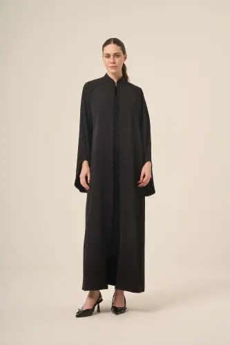 Dizili Kristal Taş Detaylı Hakim Yaka İki Parça Abaya 6509-25 Siyah - 6