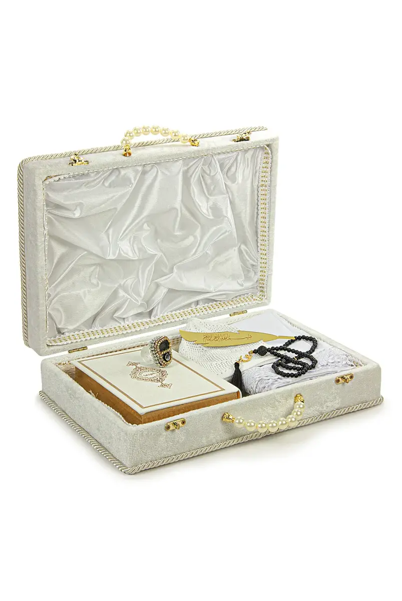 Dowry Prayer Rug Set With Box Suit For Groom Bride Bundle Gift Shawl Quran Set White - 2