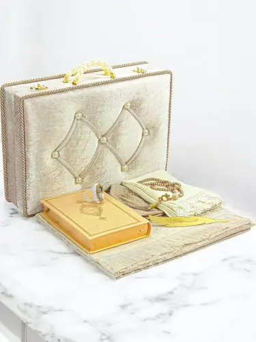 Dowry Prayer Rug Set With Box Suitable For Groom Bride Pack Gift Shawl Quran Set Cream - 1