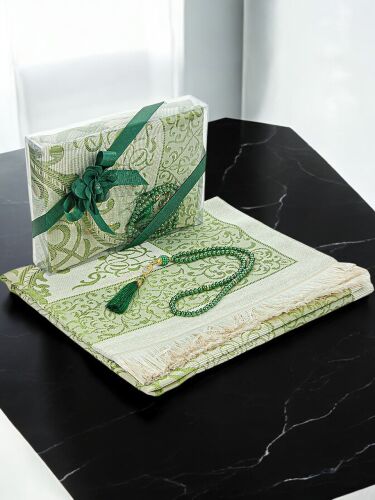 Dowry Prayer Rug Set with Pearl Prayer Beads and Gift Box Suitable for the Bride and Groom's Package Green - 1