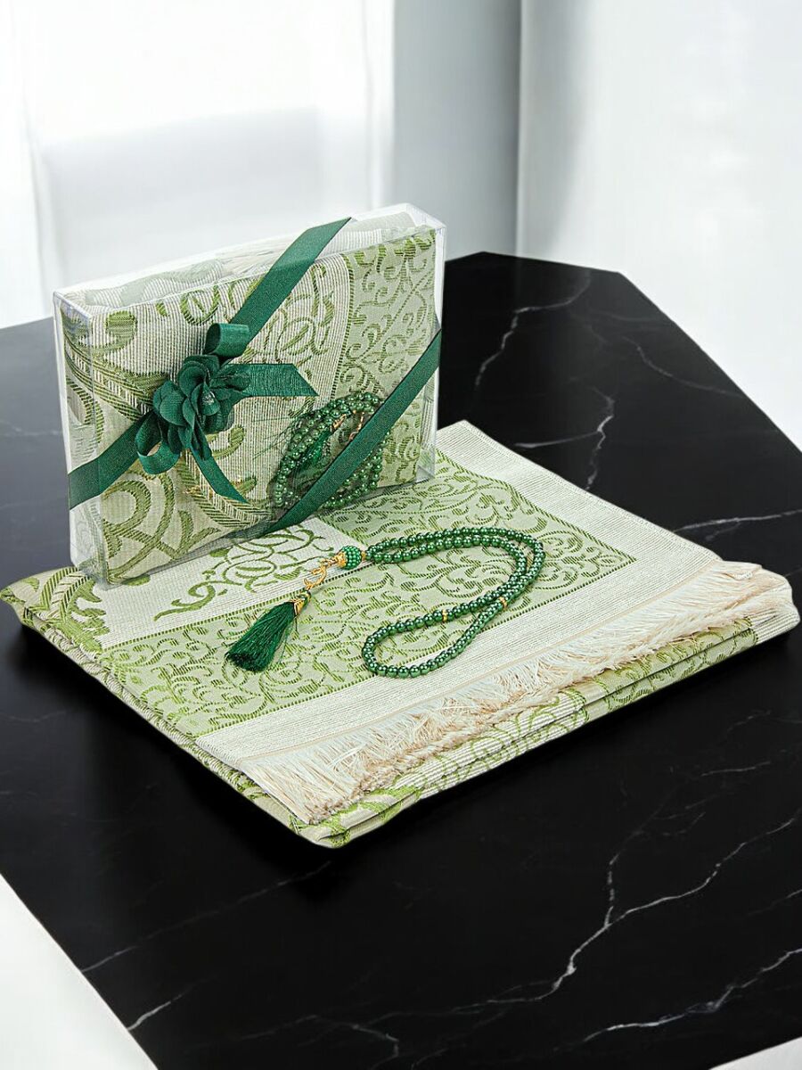 Dowry Prayer Rug Set with Pearl Prayer Beads and Gift Box Suitable for the Bride and Groom's Package Green - 1