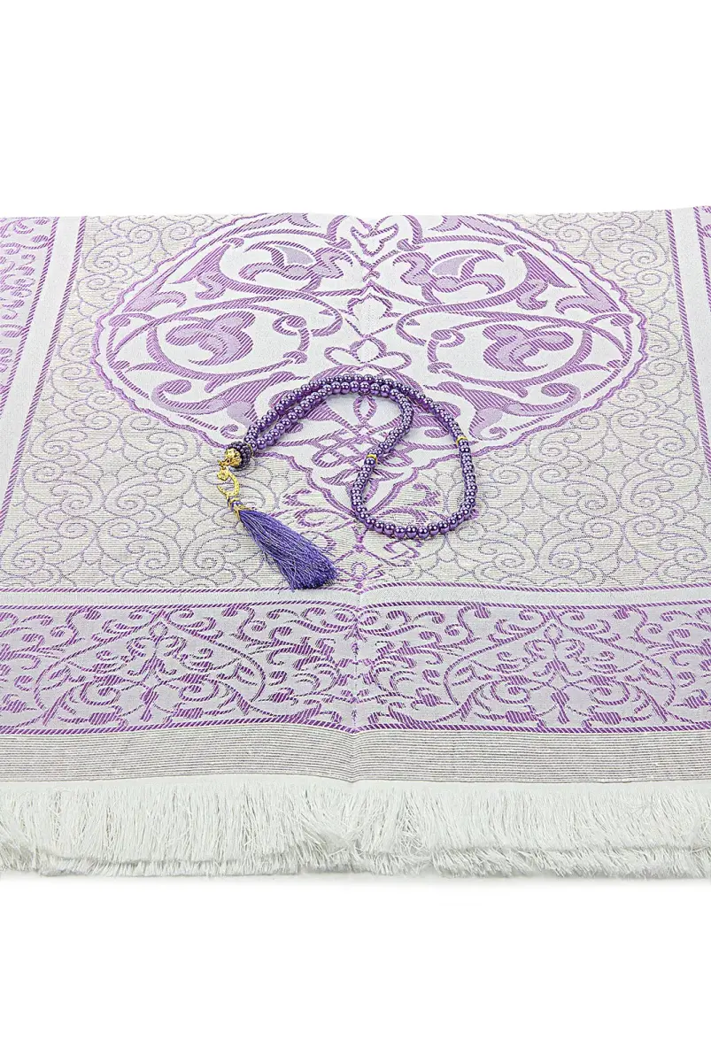 Dowry Prayer Rug Set with Pearl Prayer Beads and Gift Box Suitable for the Bride and Groom's Package, Purple - 4
