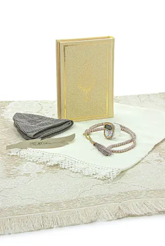 Dowry Prayer Rug Set with Storage Box, Suitable for Groom and Bride Bundle, Gift Shawl Quran Set Gold - 5