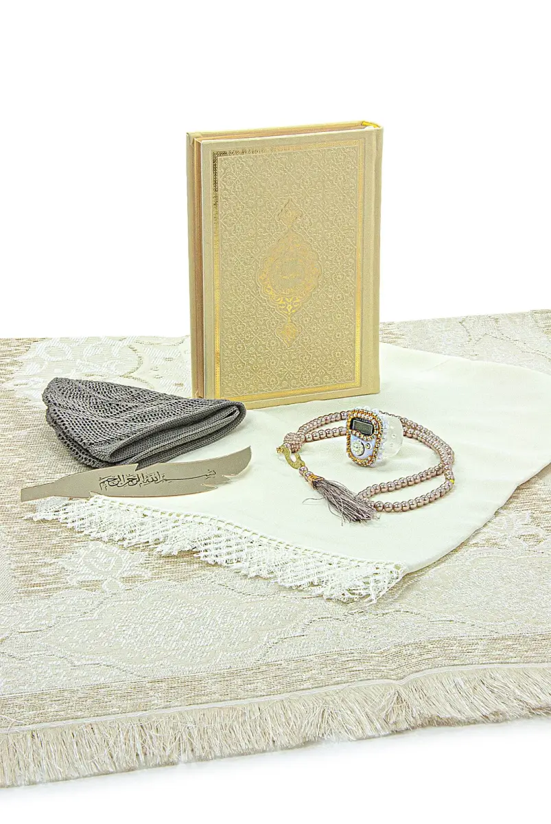 Dowry Prayer Rug Set with Storage Box, Suitable for Groom and Bride Bundle, Gift Shawl Quran Set Gold - 5