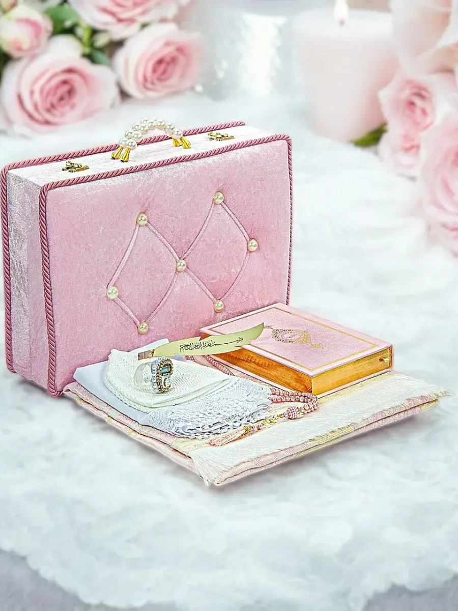 Dowry Prayer Rug Set with Storage Box, Suitable for Groom and Bride Bundle, Gift Shawl Quran Set Pink - 1