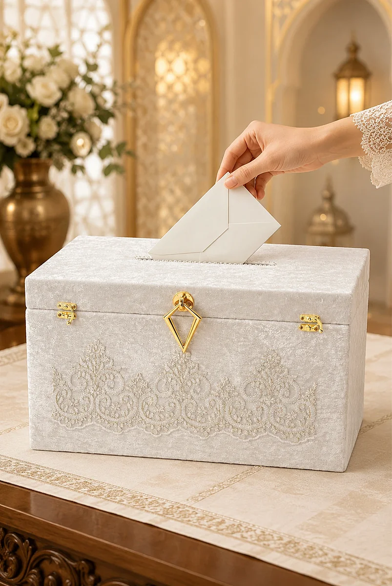 Düğün Takı Para Sandığı Kadife Kaplı Zarf Kutusu - Beyaz - 1