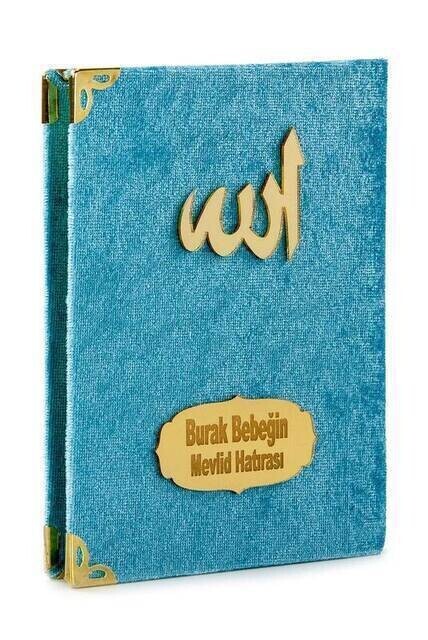 Economical Velvet Coated Yasin Book - Name Special Plate - Pocket Size - Blue Color - Mevlit Gift - Thumbnail
