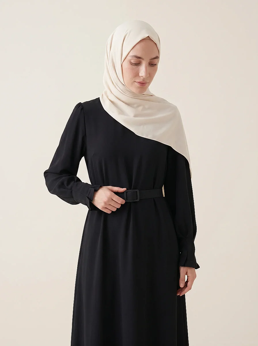 Pile Detaylı Kol Fermuarlı Manşetli Kemerli Hakim Yaka Kloş Oversize 4 Mevsim 9614-26 - Siyah - 2