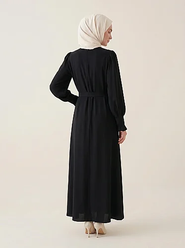 Pile Detaylı Kol Fermuarlı Manşetli Kemerli Hakim Yaka Kloş Oversize 4 Mevsim 9614-26 - Siyah - 4