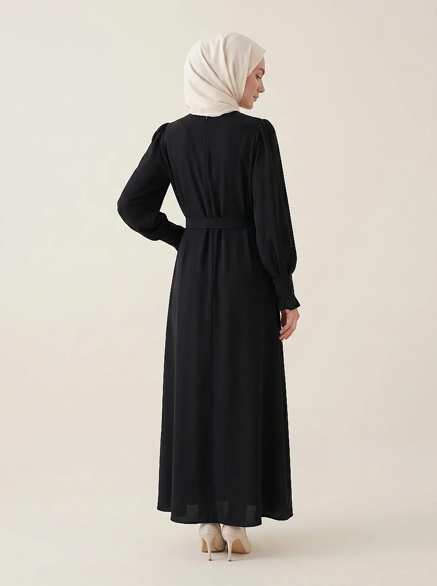 Pile Detaylı Kol Fermuarlı Manşetli Kemerli Hakim Yaka Kloş Oversize 4 Mevsim 9614-26 - Siyah - 4