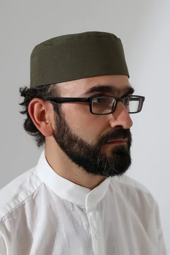 Elif Vav Nakışlı Kalıp Namaz Takkesi - Haki - 4