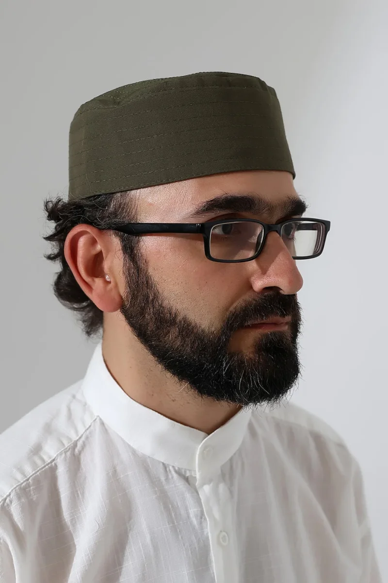 Elif Vav Nakışlı Kalıp Namaz Takkesi - Haki - 4