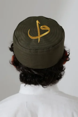 Elif Vav Nakışlı Kalıp Namaz Takkesi - Haki - 5