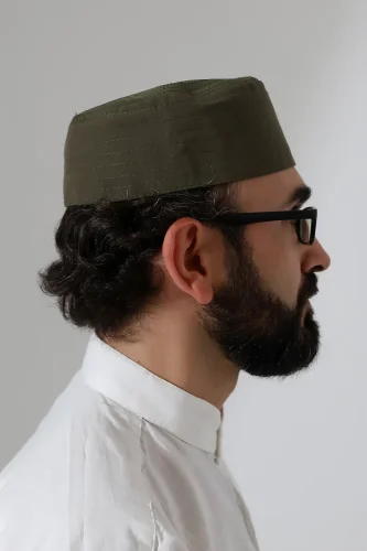 Elif Vav Nakışlı Kalıp Namaz Takkesi - Haki - 6