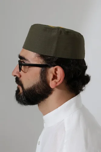 Elif Vav Nakışlı Kalıp Namaz Takkesi - Haki - 7