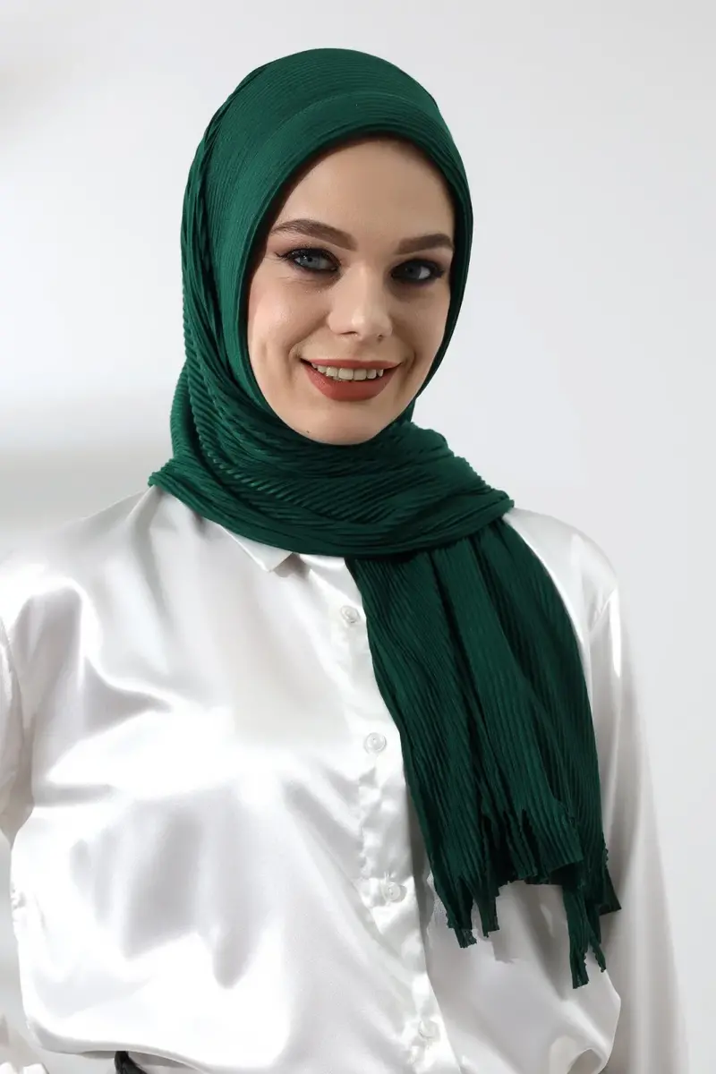 Emerald Green Hijab Ready Made Practical Corded Cotton Shawl - 4