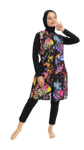 EMSA Kadın Boya Desenli Tam Kapalı Tesettür Mayo 2691-25 Siyah - 1