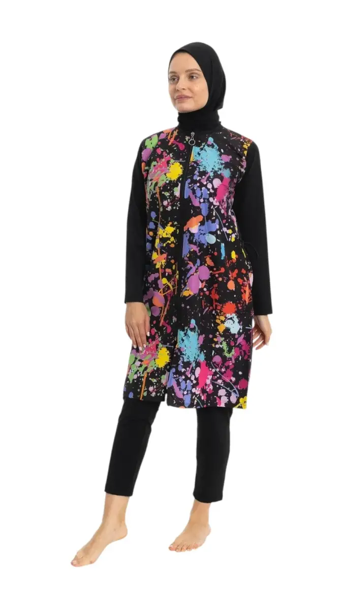 EMSA Kadın Boya Desenli Tam Kapalı Tesettür Mayo 2691-25 Siyah - 2
