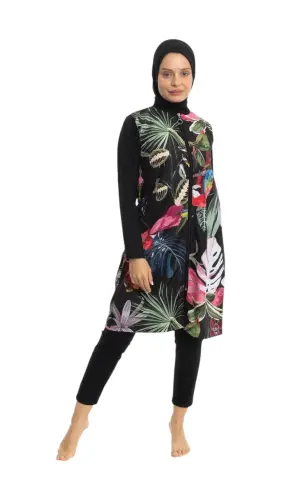 EMSA Kadın Yaprak Desenli Tam Kapalı Tesettür Mayo 2692-25 Siyah - 1